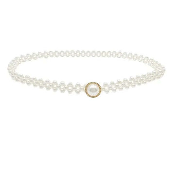 Curea dama elastica ingusta de perle Ajustabil Elegante Alb/auriu CR-013