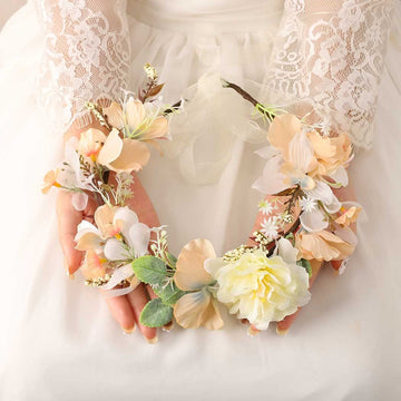 Coronita de par reglabila de decorare a capului floral reglabil, pentru Mireasa, ghirlanda de flori si frunze artificiale, Accesorii bogat, halo Garland Alb, COR58429