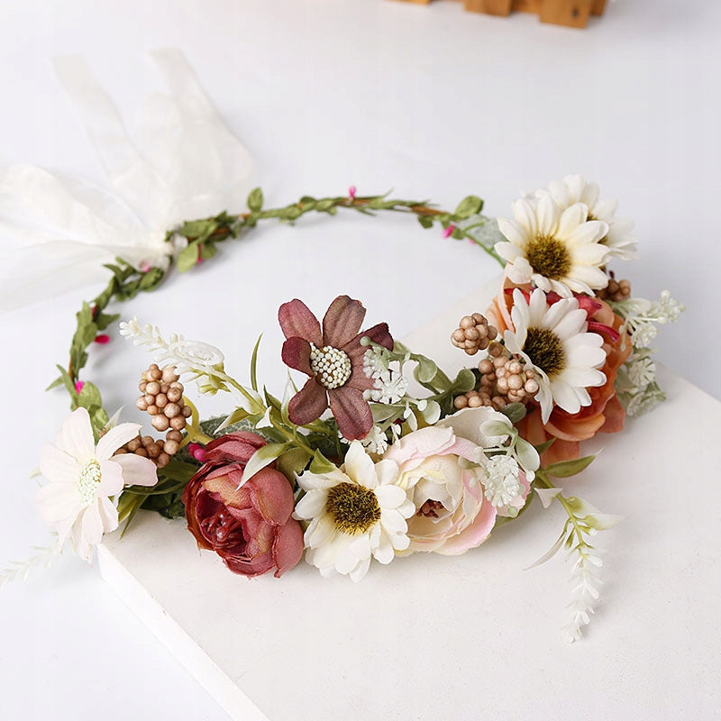 Coronita de par reglabila de decorare a capului floral reglabil, pentru Mireasa, ghirlanda de flori si frunze artificiale, Accesorii bogat, halo Garland Roz, COR58282