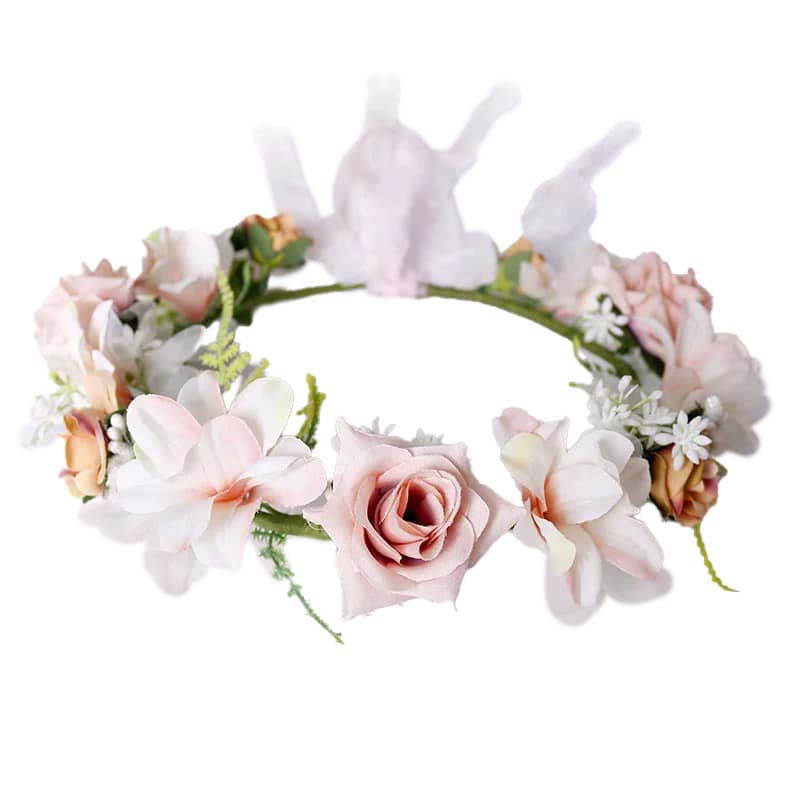 Coronita de par reglabila de decorare a capului floral reglabil, pentru Mireasa, ghirlanda de flori si frunze artificiale, Accesorii bogat, halo Garland Bej, COR58328