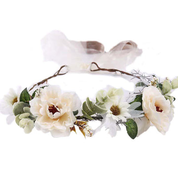 Coronita de par reglabila de decorare a capului floral reglabil, pentru Mireasa, ghirlanda de flori si frunze artificiale, Accesorii bogat, halo Garland Bej, COR58190