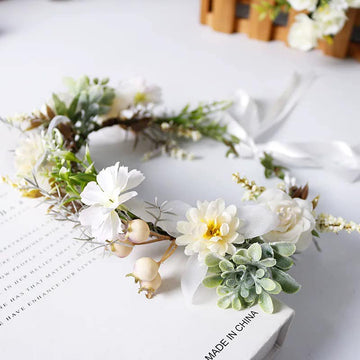 Coronita de par reglabila de decorare a capului floral reglabil, pentru Mireasa, ghirlanda de flori si frunze artificiale, Accesorii bogat, halo Garland Alb, COR58377