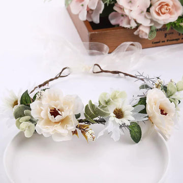 Coronita de par reglabila de decorare a capului floral reglabil, pentru Mireasa, ghirlanda de flori si frunze artificiale, Accesorii bogat, halo Garland Bej, COR58190