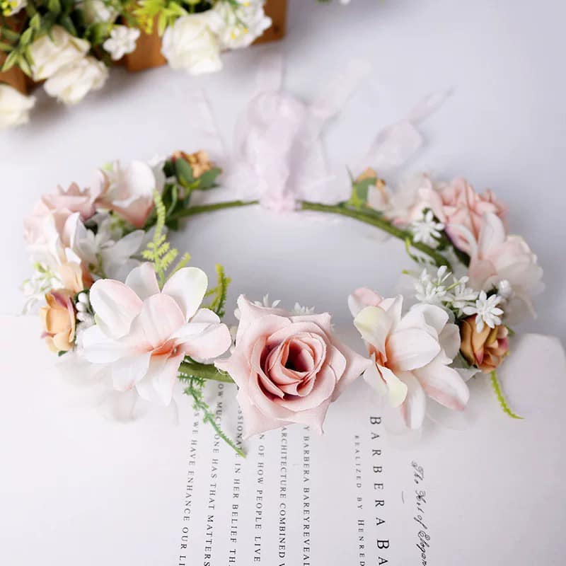 Coronita de par reglabila de decorare a capului floral reglabil, pentru Mireasa, ghirlanda de flori si frunze artificiale, Accesorii bogat, halo Garland Bej, COR58328