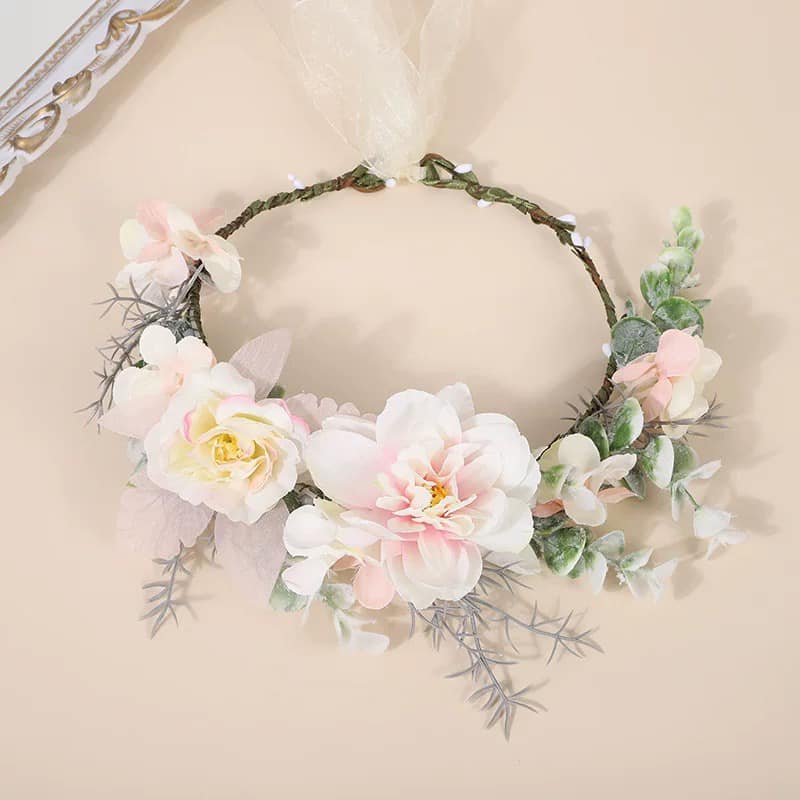 Coronita de par Headmade reglabila de decorare a capului floral reglabil, stil boho, potrivita pentru sarbatorile de pe plaja și nunta, ghirlanda de flori artificiale, frunze artificiale, Accesorii bogat,  halo Garland roz, COR58511