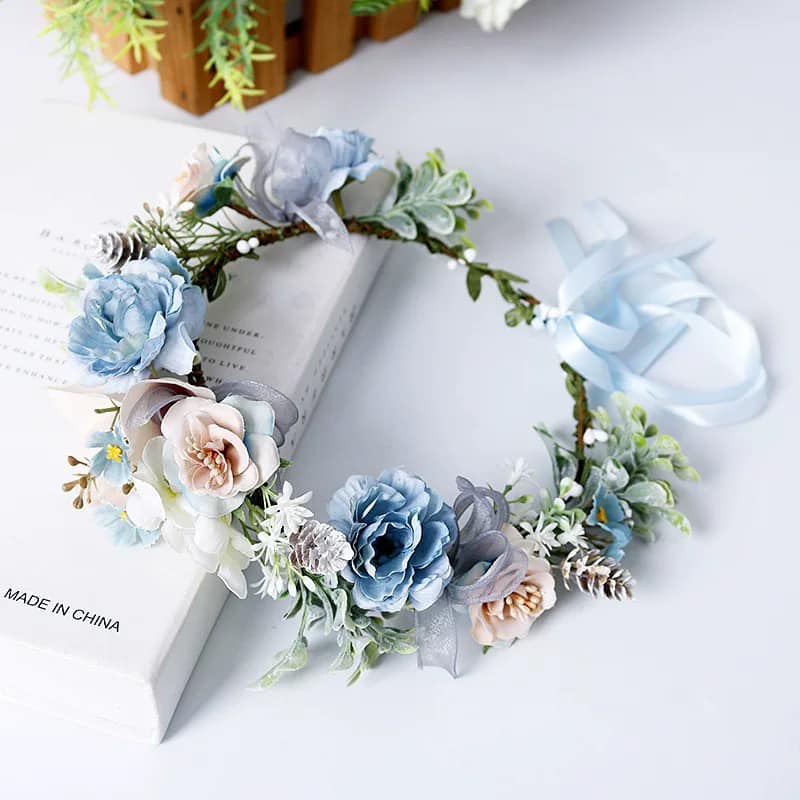 Coronita de par reglabila de decorare a capului floral reglabil, pentru Mireasa, ghirlanda de flori si frunze artificiale, Accesorii bogat, halo Garland albastru, COR58382