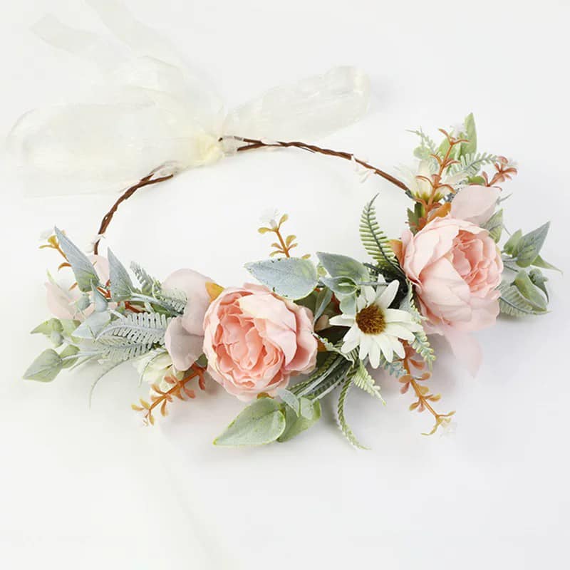 Coronita de par Headmade reglabila de decorare a capului floral reglabil, stil boho, potrivita pentru sarbatorile de pe plaja și nunta, ghirlanda de flori artificiale, frunze artificiale, Accesorii bogat,  halo Garland Roz, COR58533