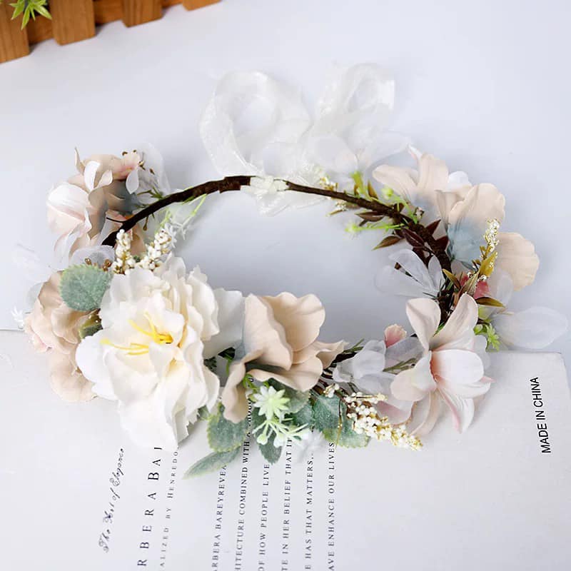 Coronita de par reglabila de decorare a capului floral reglabil, pentru Mireasa, ghirlanda de flori si frunze artificiale, Accesorii bogat, halo Garland Alb, COR58429