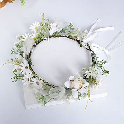 Coronita de par Headmade reglabila de decorare a capului floral reglabil, stil boho, potrivita pentru sarbatorile de pe plaja și nunta, ghirlanda de flori artificiale, frunze artificiale, Accesorii bogat,  halo Garland Alb, COR58441