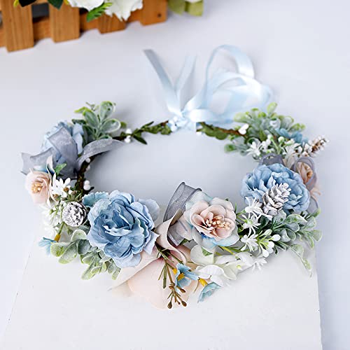 Coronita de par reglabila de decorare a capului floral reglabil, pentru Mireasa, ghirlanda de flori si frunze artificiale, Accesorii bogat, halo Garland albastru, COR58382