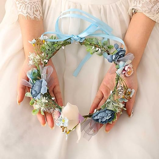 Coronita de par reglabila de decorare a capului floral reglabil, pentru Mireasa, ghirlanda de flori si frunze artificiale, Accesorii bogat, halo Garland albastru, COR58382