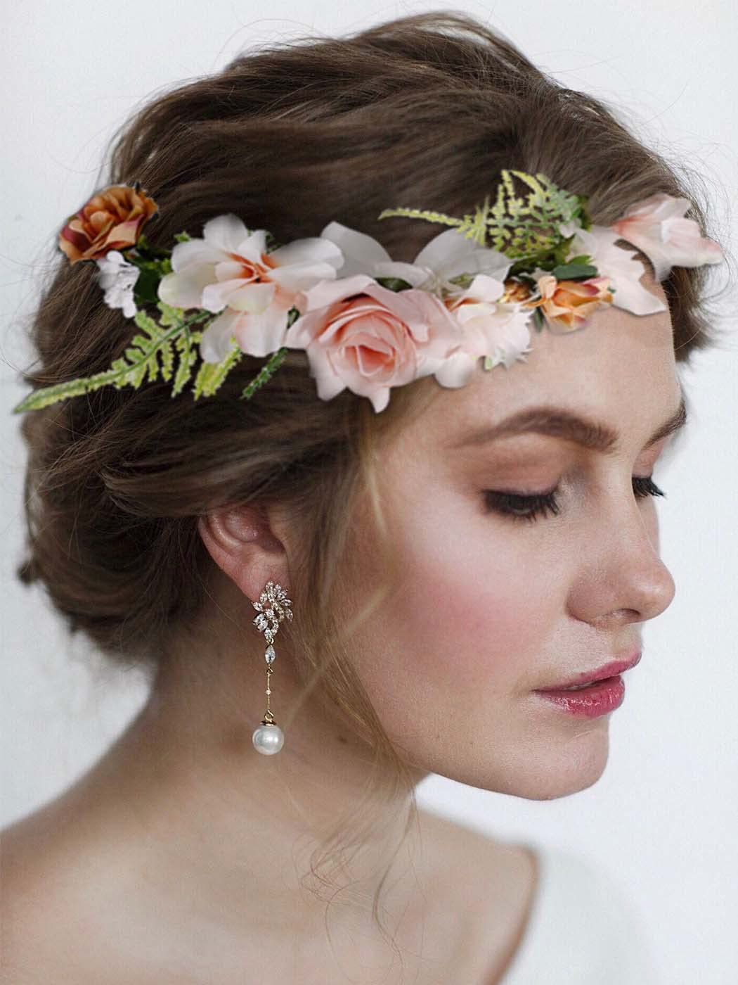 Coronita de par reglabila de decorare a capului floral reglabil, pentru Mireasa, ghirlanda de flori si frunze artificiale, Accesorii bogat, halo Garland Bej, COR58328