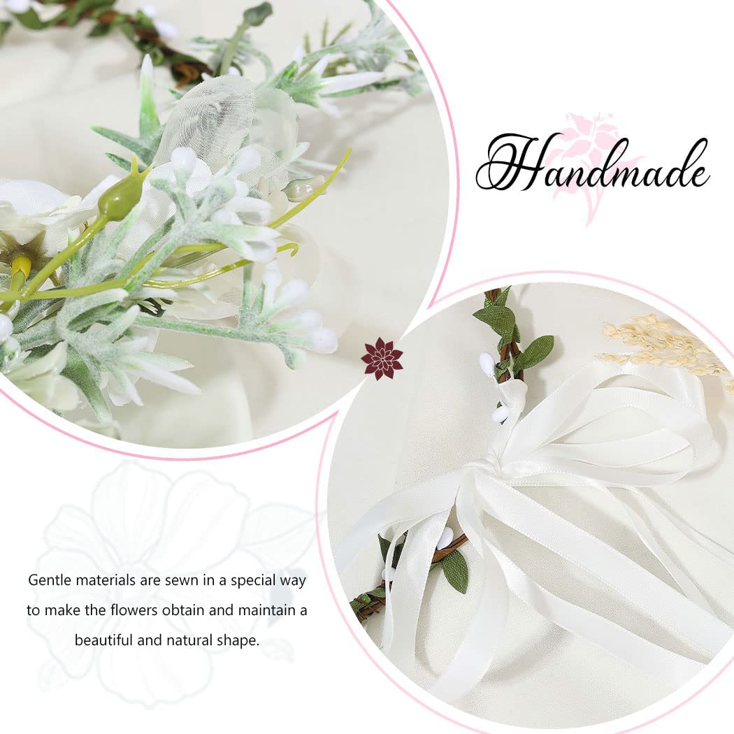 Coronita de par Headmade reglabila de decorare a capului floral reglabil, stil boho, potrivita pentru sarbatorile de pe plaja și nunta, ghirlanda de flori artificiale, frunze artificiale, Accesorii bogat,  halo Garland Alb, COR58441