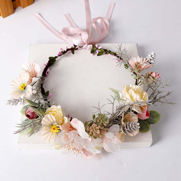 Coronita de par reglabila de decorare a capului floral reglabil, pentru Mireasa, ghirlanda de flori si frunze artificiale, Accesorii bogat, halo Garland Roz, COR58385