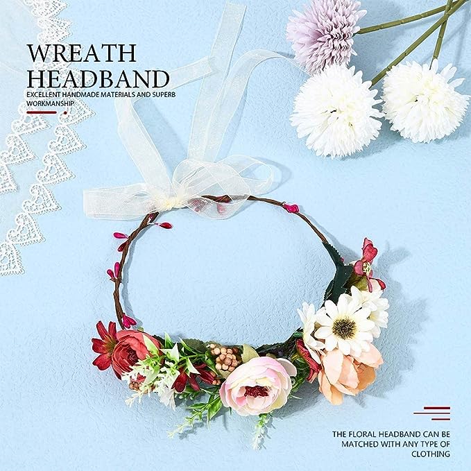 Coronita de par reglabila de decorare a capului floral reglabil, pentru Mireasa, ghirlanda de flori si frunze artificiale, Accesorii bogat, halo Garland Roz, COR58282