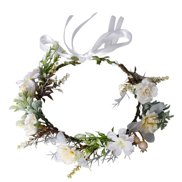 Coronita de par reglabila de decorare a capului floral reglabil, pentru Mireasa, ghirlanda de flori si frunze artificiale, Accesorii bogat, halo Garland Alb, COR58377