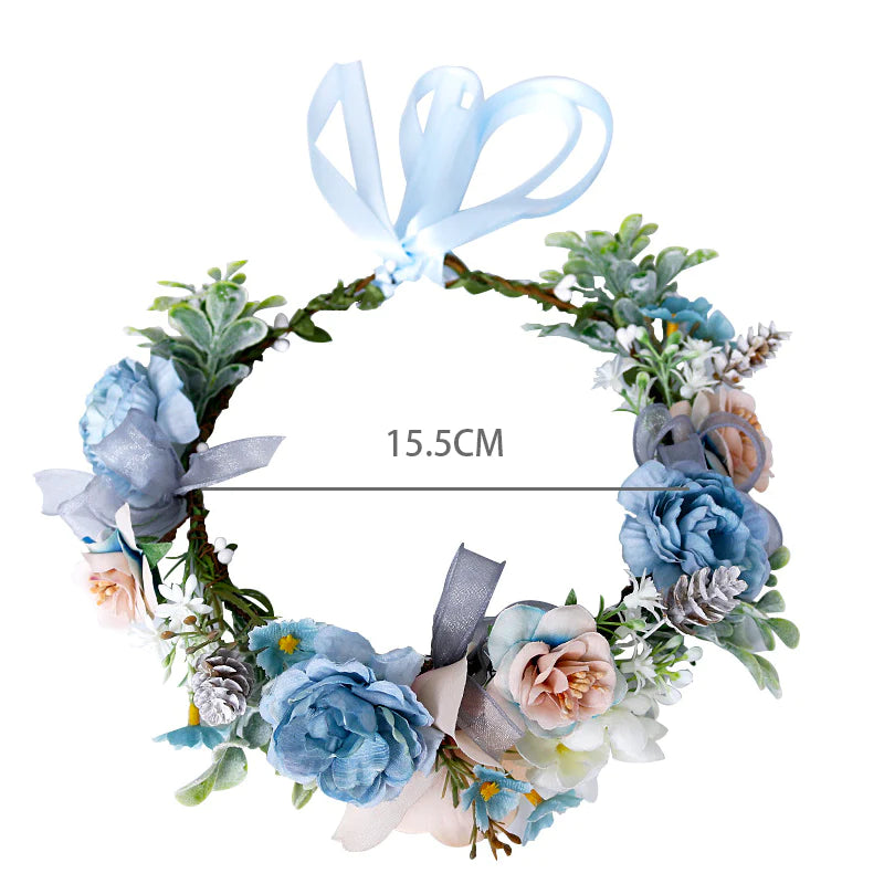 Coronita de par reglabila de decorare a capului floral reglabil, pentru Mireasa, ghirlanda de flori si frunze artificiale, Accesorii bogat, halo Garland albastru, COR58382