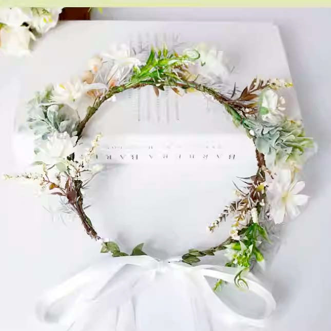 Coronita de par reglabila de decorare a capului floral reglabil, pentru Mireasa, ghirlanda de flori si frunze artificiale, Accesorii bogat, halo Garland Alb, COR58377