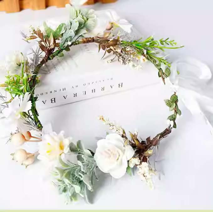 Coronita de par reglabila de decorare a capului floral reglabil, pentru Mireasa, ghirlanda de flori si frunze artificiale, Accesorii bogat, halo Garland Alb, COR58377