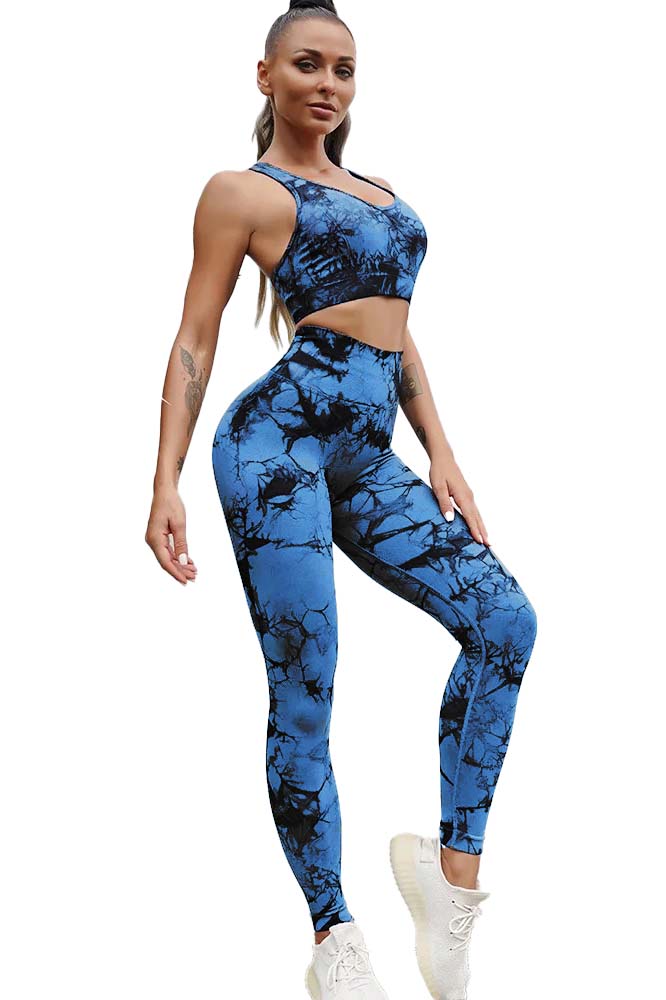 Compleu 2 piese colanti si bustiere WNY PRO Tie Dye fitness modelator BC8828 tie dye albastru negru