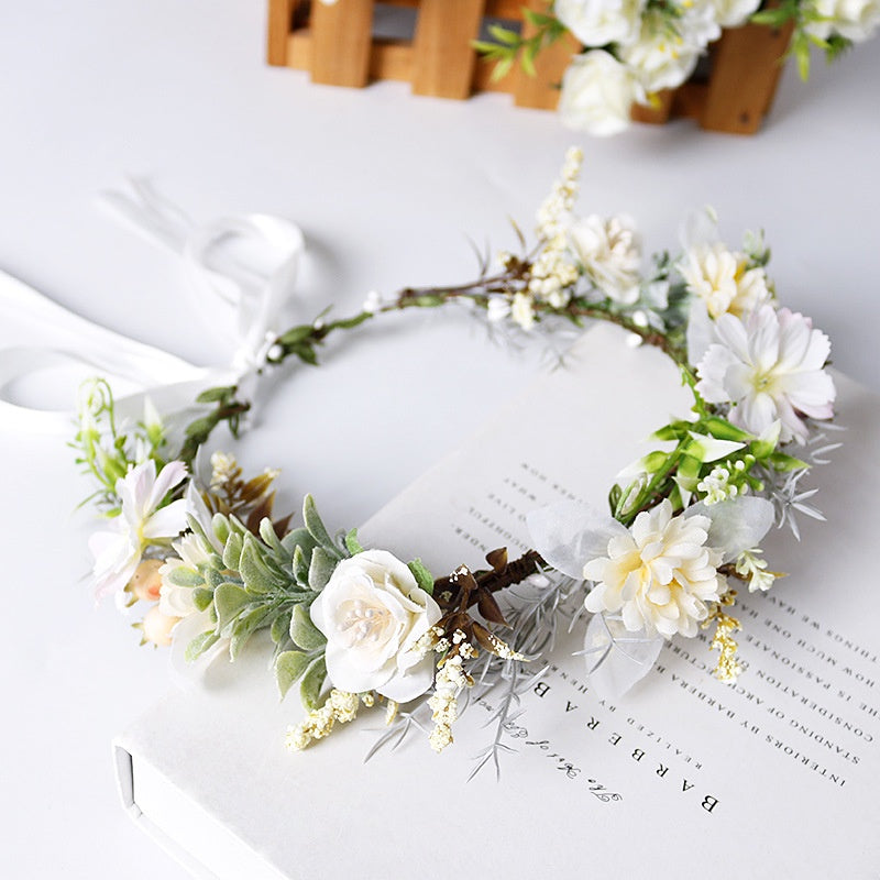 Coronita de par reglabila de decorare a capului floral reglabil, pentru Mireasa, ghirlanda de flori si frunze artificiale, Accesorii bogat, halo Garland Alb, COR58377