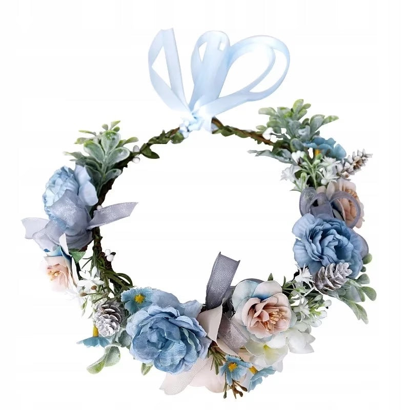 Coronita de par reglabila de decorare a capului floral reglabil, pentru Mireasa, ghirlanda de flori si frunze artificiale, Accesorii bogat, halo Garland albastru, COR58382