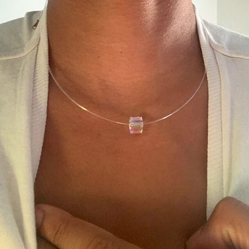 Colier - Chocker Cristal CUBE FINUTA Aurora Boreala cu Guta Elastica Transparent