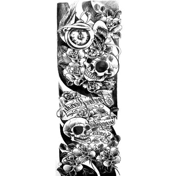 Tatuaj temporar-TIME ROSE DEATH, impermeabil, bratul complet si Extra mare, Pentru brate sau picioare si corp, Dimensiune 17.8x 48cm
